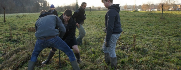 Préparation des trous avant plantation des perches de Saules